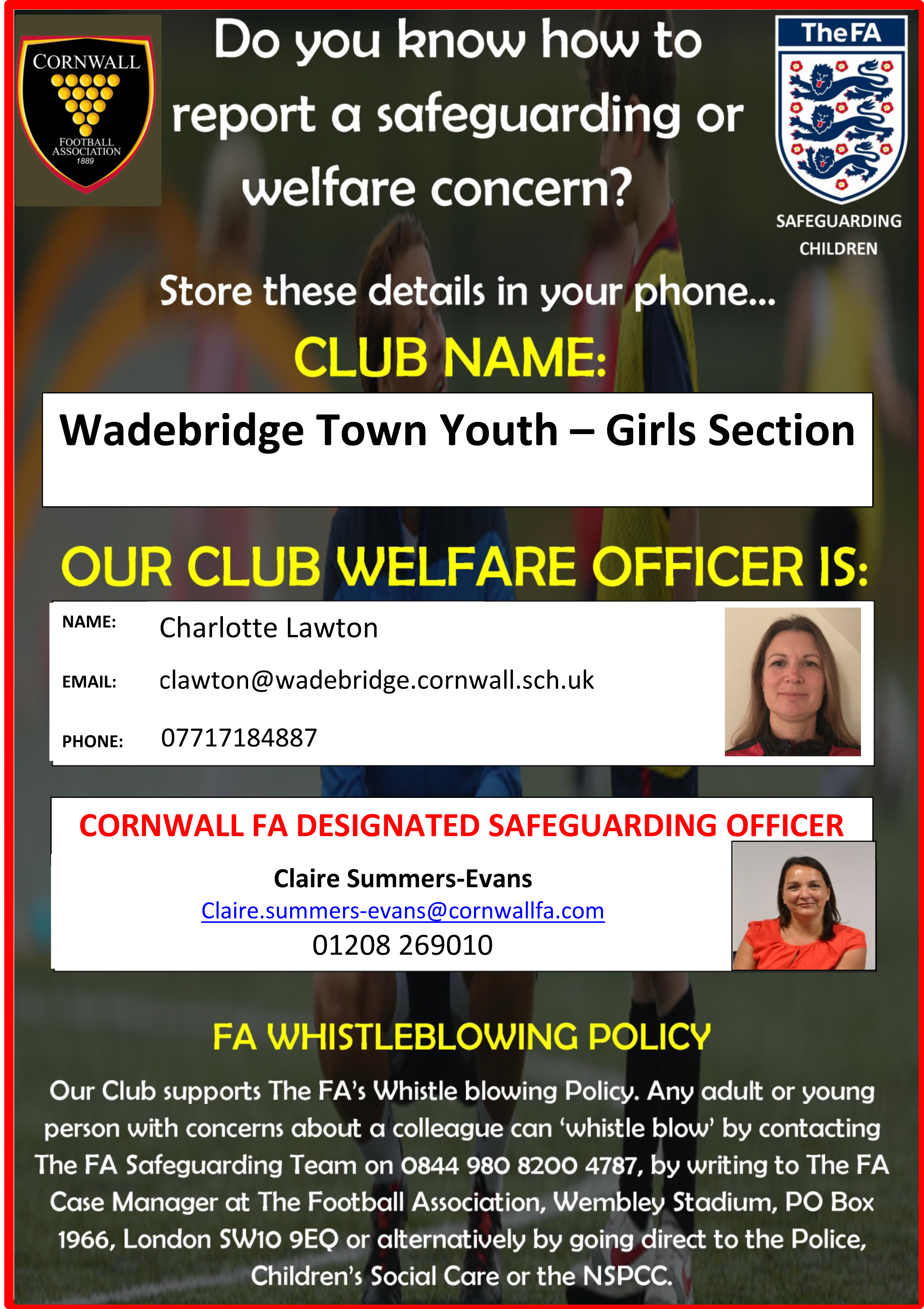 FA Welfare Officer Poster - Wadebridge Town Youth - C Lawton